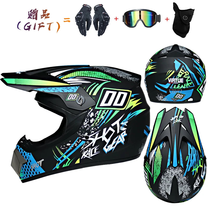 KIT MOTOCROSS COMPLET - Casque + Gants + Lunettes + Cagoule - Sécurité DOT