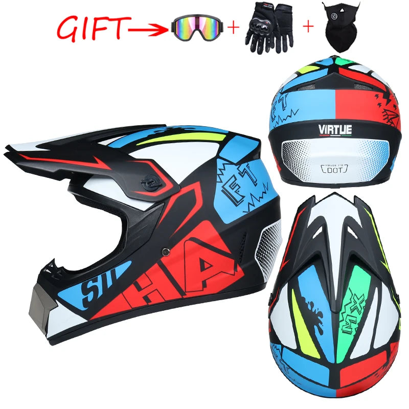 KIT MOTOCROSS COMPLET - Casque + Gants + Lunettes + Cagoule - Sécurité DOT