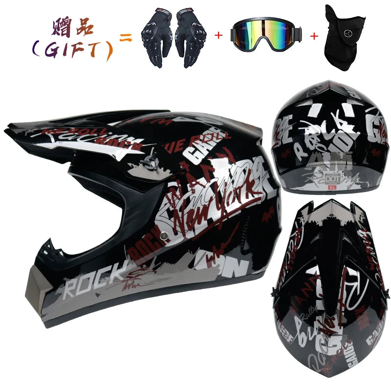 KIT MOTOCROSS COMPLET - Casque + Gants + Lunettes + Cagoule - Sécurité DOT