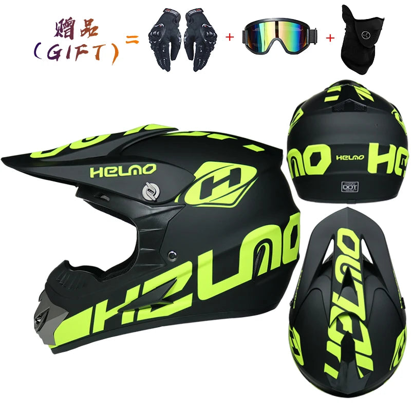 KIT MOTOCROSS COMPLET - Casque + Gants + Lunettes + Cagoule - Sécurité DOT