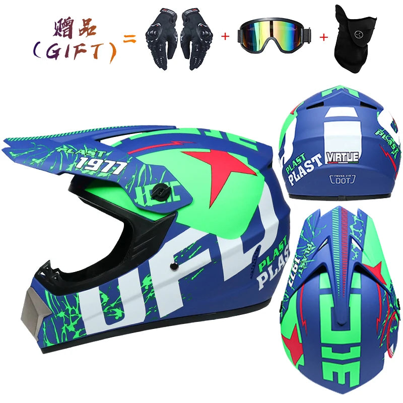 KIT MOTOCROSS COMPLET - Casque + Gants + Lunettes + Cagoule - Sécurité DOT