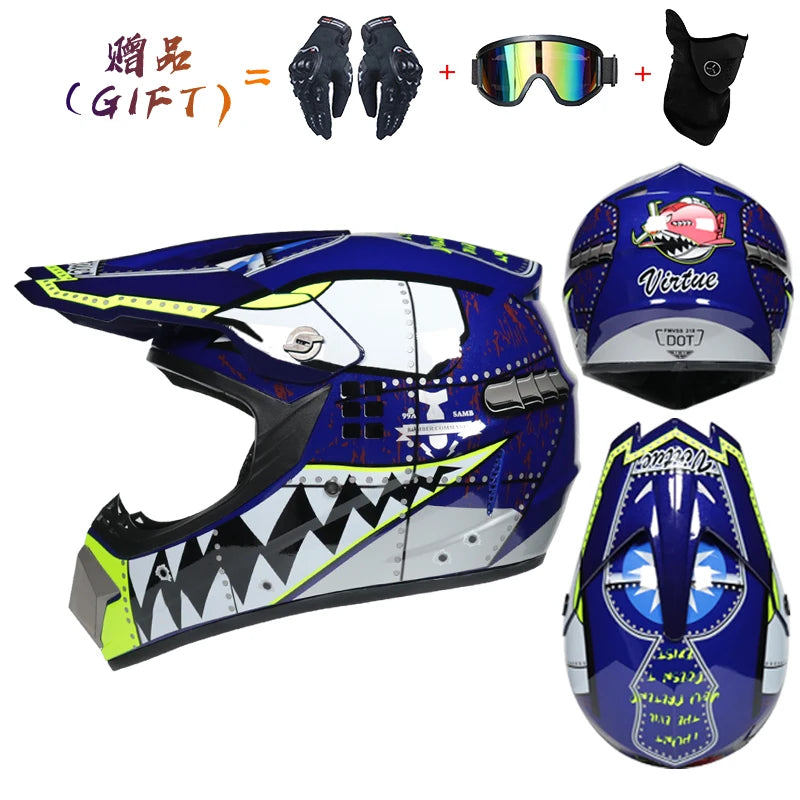 KIT MOTOCROSS COMPLET - Casque + Gants + Lunettes + Cagoule - Sécurité DOT
