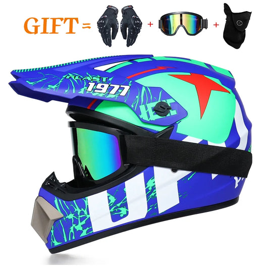KIT MOTOCROSS COMPLET - Casque + Gants + Lunettes + Cagoule - Sécurité DOT